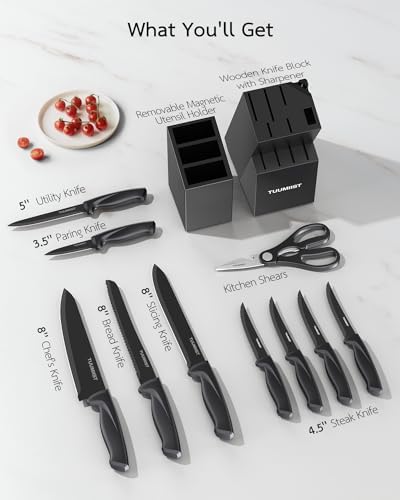 32-Piece Knife Set with Block Sharpener Silverware Holder Black