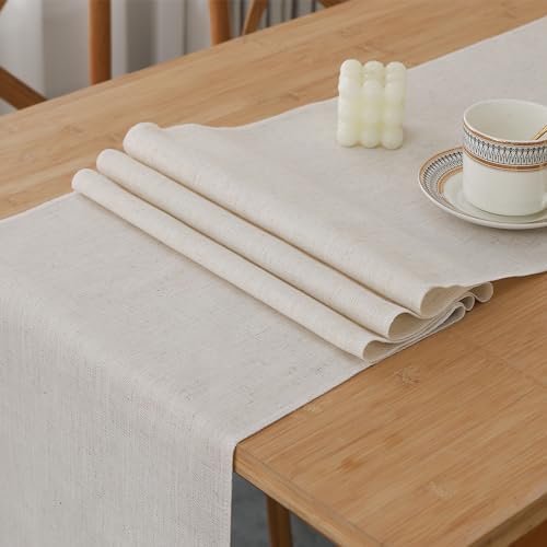 FANTELOO Natural Beige Faux Linen Table Runner Farmhouse Style 13x60 inches