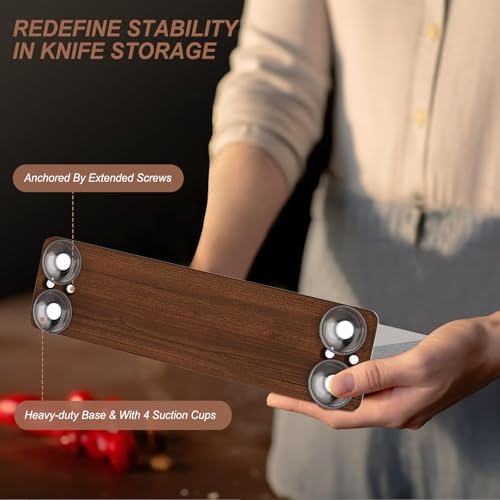 DAJOUJS Magnetic Knife Strip Holder with Wood Base