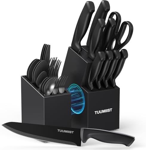 32-Piece Knife Set with Block Sharpener Silverware Holder Black