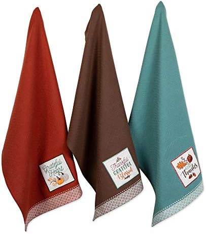 DII Fall Basics Collection Embellished 18x28 Dishtowel Set Thankful Grateful