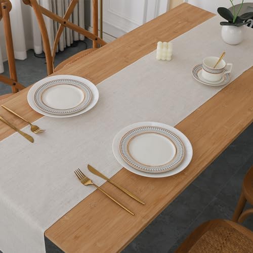 FANTELOO Natural Beige Faux Linen Table Runner Farmhouse Style 13x60 inches