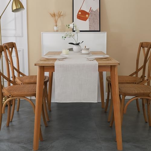 FANTELOO Natural Beige Faux Linen Table Runner Farmhouse Style 13x60 inches