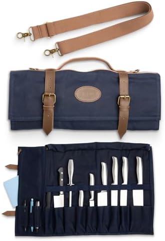 Chefs Knife Roll Bag with Top Grain Leather Waxed Canvas