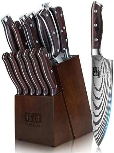 SHAN ZU 16 Piece Japanese Knife Set with Block and Sharpener