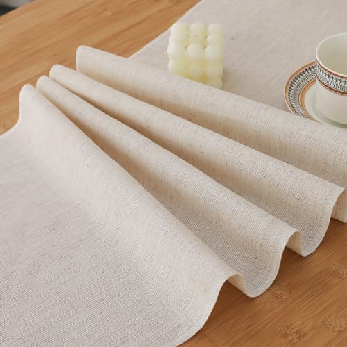 FANTELOO Natural Beige Faux Linen Table Runner Farmhouse Style 13x60 inches