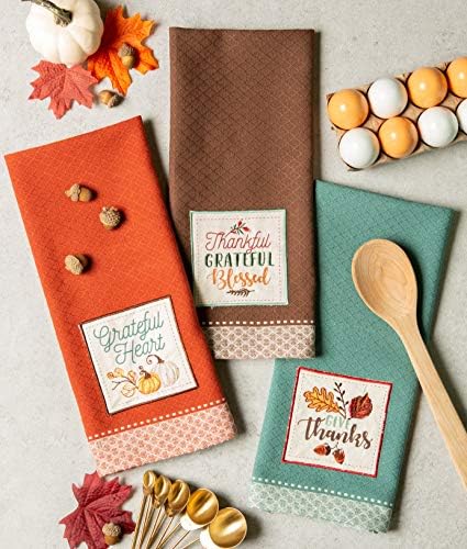 DII Fall Basics Collection Embellished 18x28 Dishtowel Set Thankful Grateful