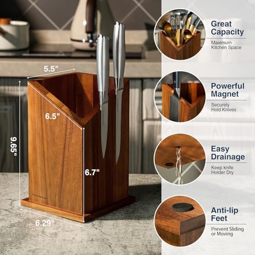 Gourmetop Magnetic Knife Holder Acacia Wood Universal Kitchen Utensil Holder Knife Block