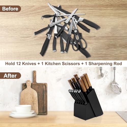 RedCall 14 Slot Knife Block Holder - Black Wood Bamboo Kitchen Organizer