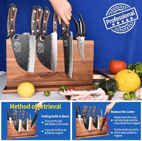 XYJExtra Large Magnetic Knife Block Organizer for Acacia Wood Kitchen Knives
