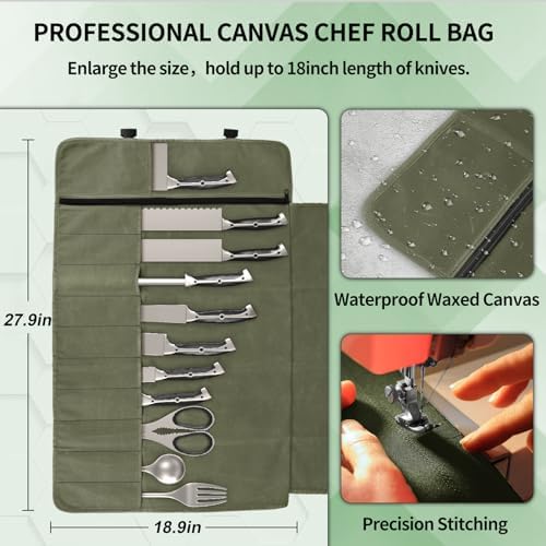 Chef Knife Roll Bag Waxed Canvas Waterproof Adjustable strap and 11 knife slots