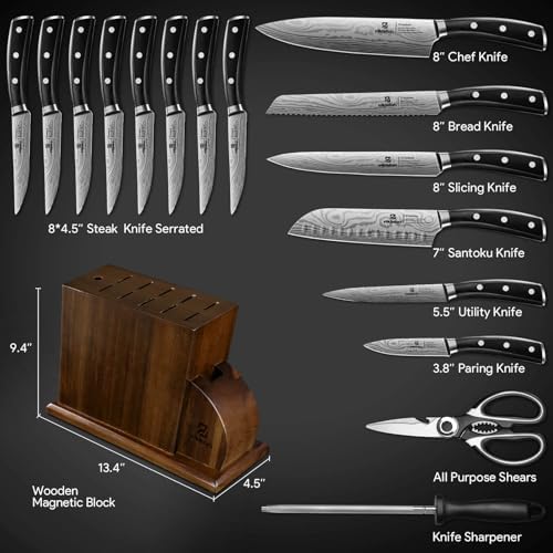 17-Piece German Damascus knives set with magnetic holder Precision sharpness Ergonomic design