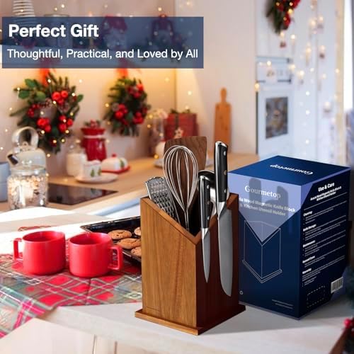 Gourmetop Magnetic Knife Holder Acacia Wood Universal Kitchen Utensil Holder Knife Block