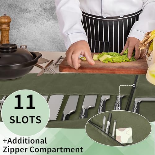 Chef Knife Roll Bag Waxed Canvas Waterproof Adjustable strap and 11 knife slots