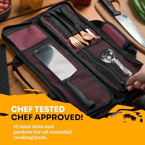 12-Pocket Chef Knife Roll Durable Lightweight Red Nylon Case