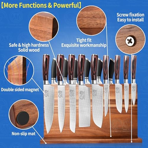 XYJExtra Large Magnetic Knife Block Organizer for Acacia Wood Kitchen Knives
