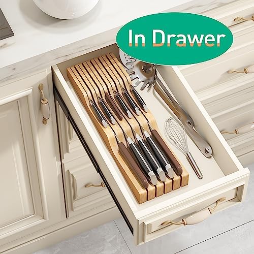KiPlantDouble Purpose Organizer for Bamboo Wooden Drawer Knives Cutlery Storage