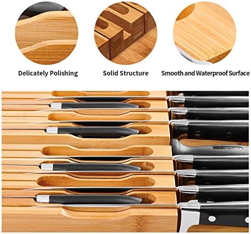 VaeFae In-Drawer Knife Block Bamboo Knife Organizer for 16 Knives Sharpener