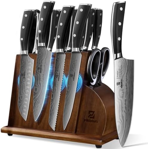 17-Piece German Damascus knives set with magnetic holder Precision sharpness Ergonomic design