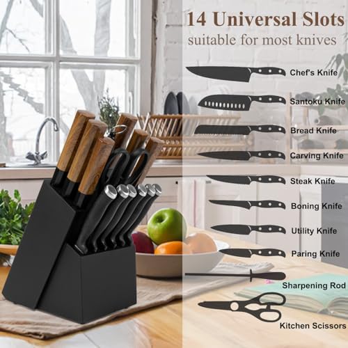 RedCall 14 Slot Knife Block Holder - Black Wood Bamboo Kitchen Organizer