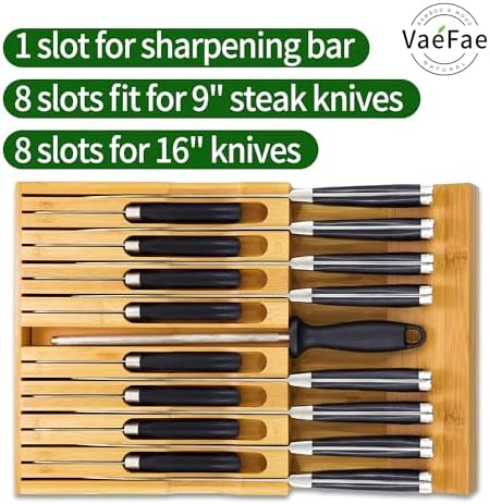 VaeFae In-Drawer Knife Block Bamboo Knife Organizer for 16 Knives Sharpener