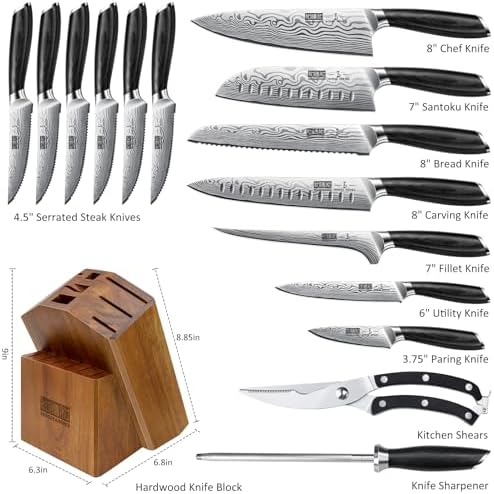 HOSHANHO 16-Piece Knife Set with Block and Sharpener