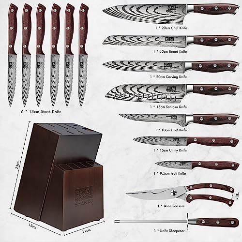 SHAN ZU 16 Piece Japanese Knife Set with Block and Sharpener
