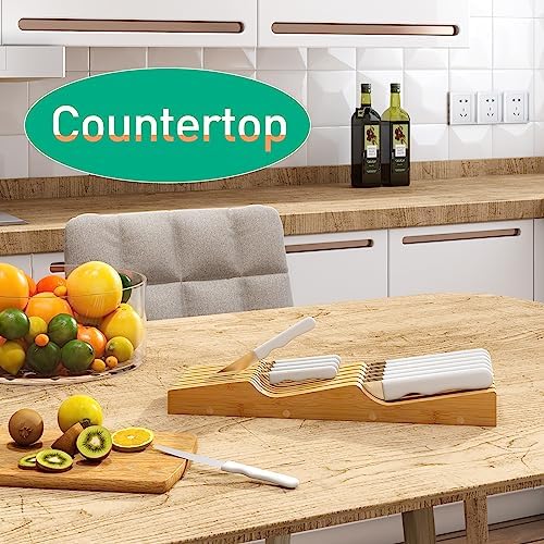 KiPlantDouble Purpose Organizer for Bamboo Wooden Drawer Knives Cutlery Storage