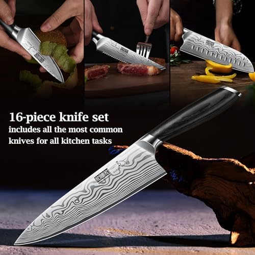 HOSHANHO 16-Piece Knife Set with Block and Sharpener