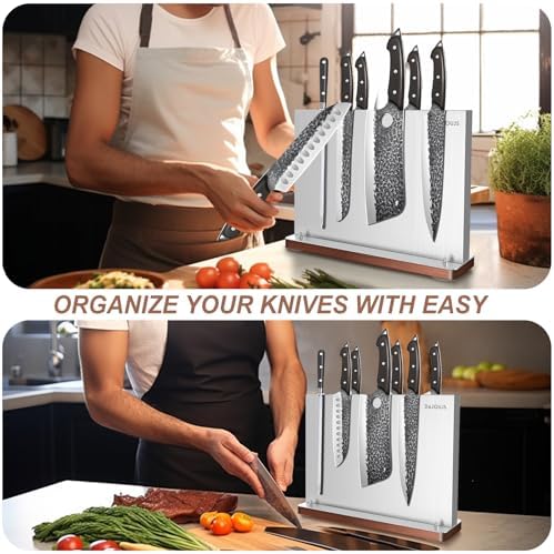 DAJOUJS Magnetic Knife Strip Holder with Wood Base