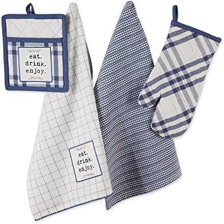 DII Home Sweet Farmhouse Kitchen Collection 4-Piece PotholderOven MittDishtowel Set French Blue