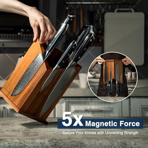 Gourmetop Magnetic Knife Holder Acacia Wood Universal Kitchen Utensil Holder Knife Block