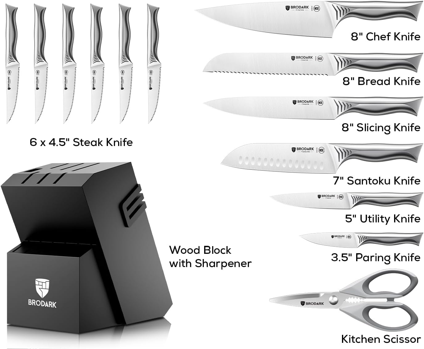 BRODARK Shark Series 15-Piece Kitchen Knife Block Set