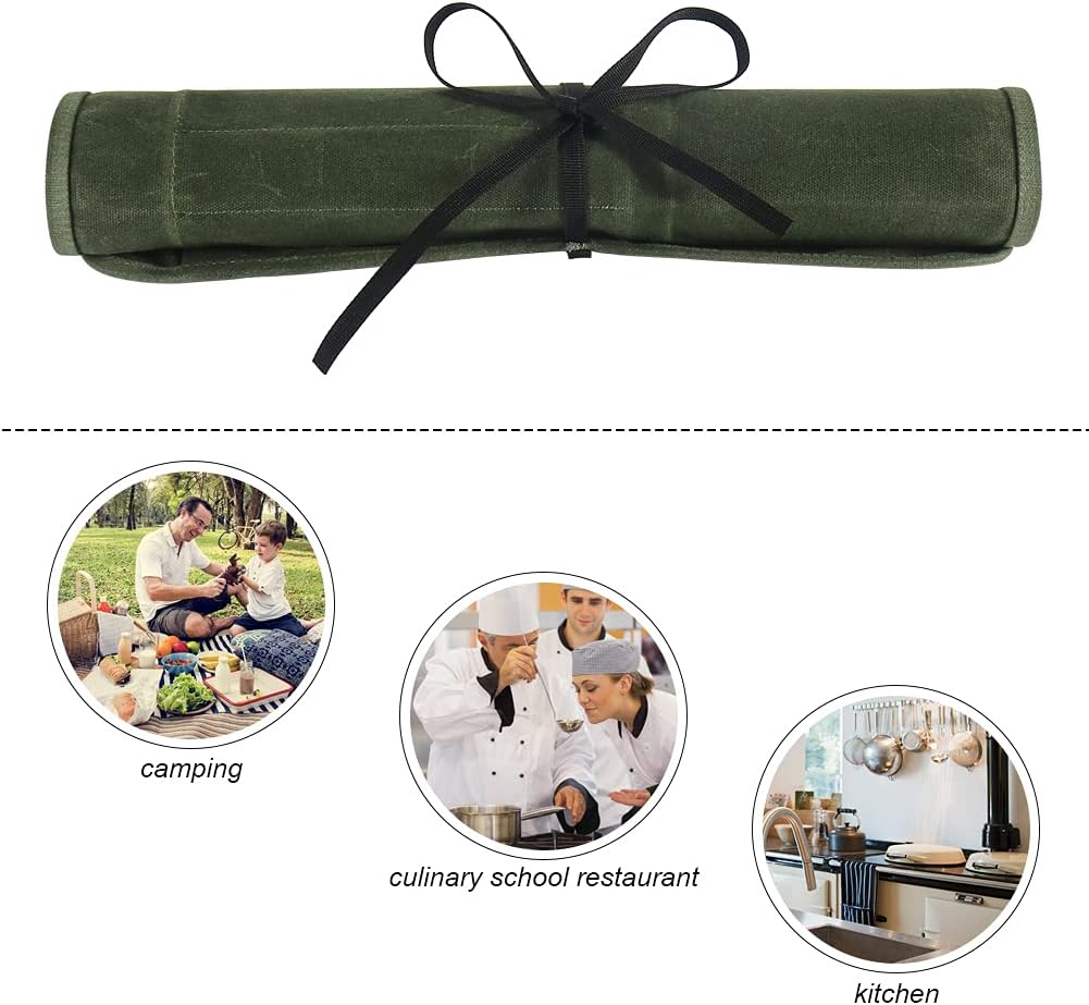 heavy duty chef knife roll bag with 6 slots green
