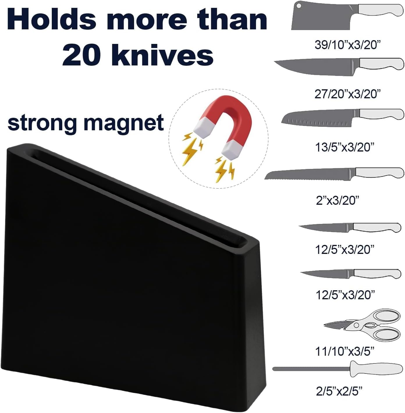 Resafy Magnetic Knife Holder - Black Wooden Block with Strong Magnets