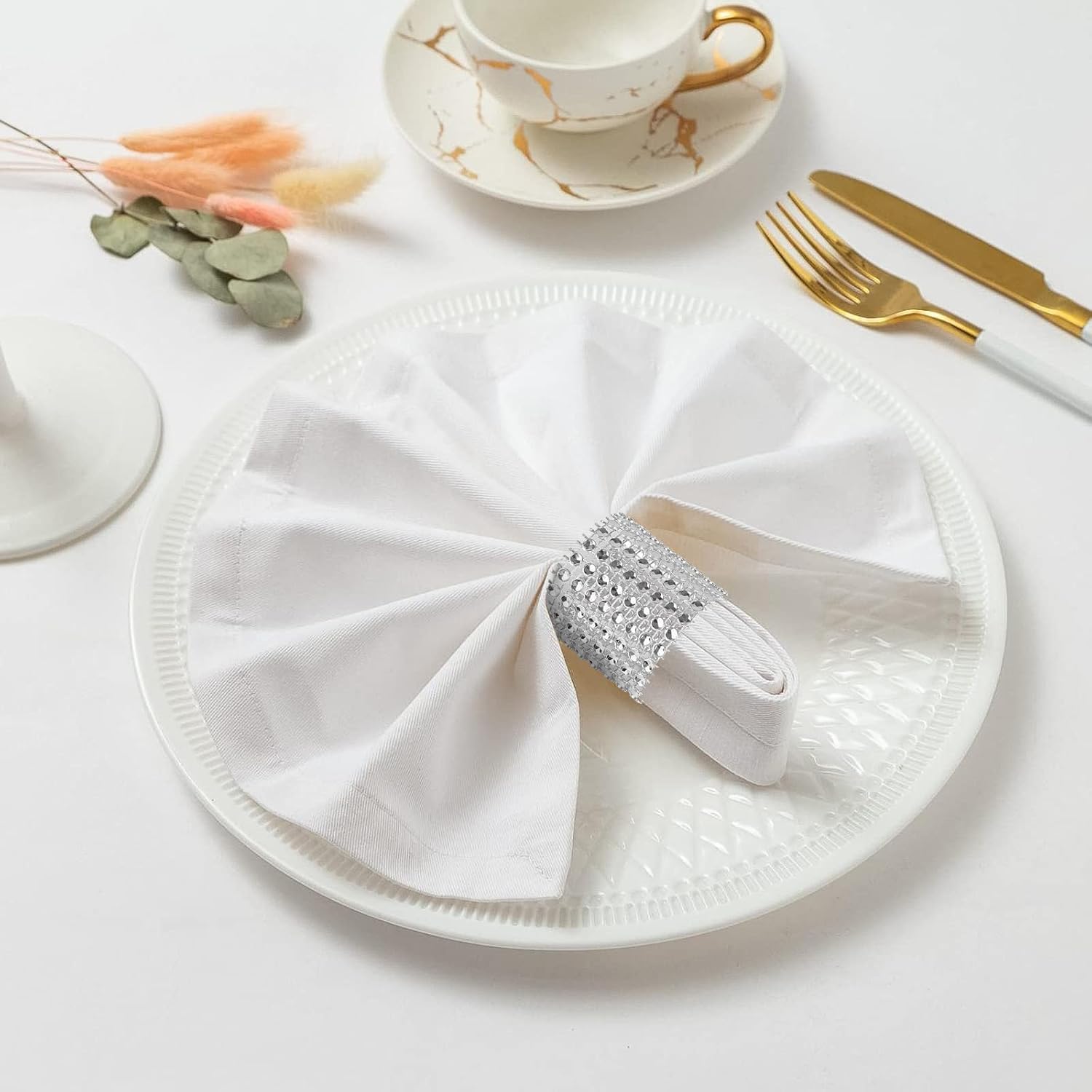 24Pack Silver Napkin Rings Elegant Napkins Rings with Water Diamond Design