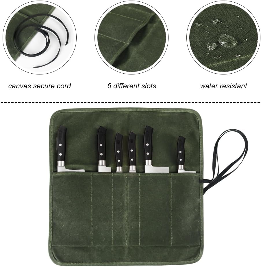 heavy duty chef knife roll bag with 6 slots green