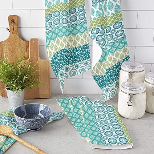ZOE GARDEN 4-Piece Premium Dish Towels Durable Luxurious Blue Green Turquoise Stripe