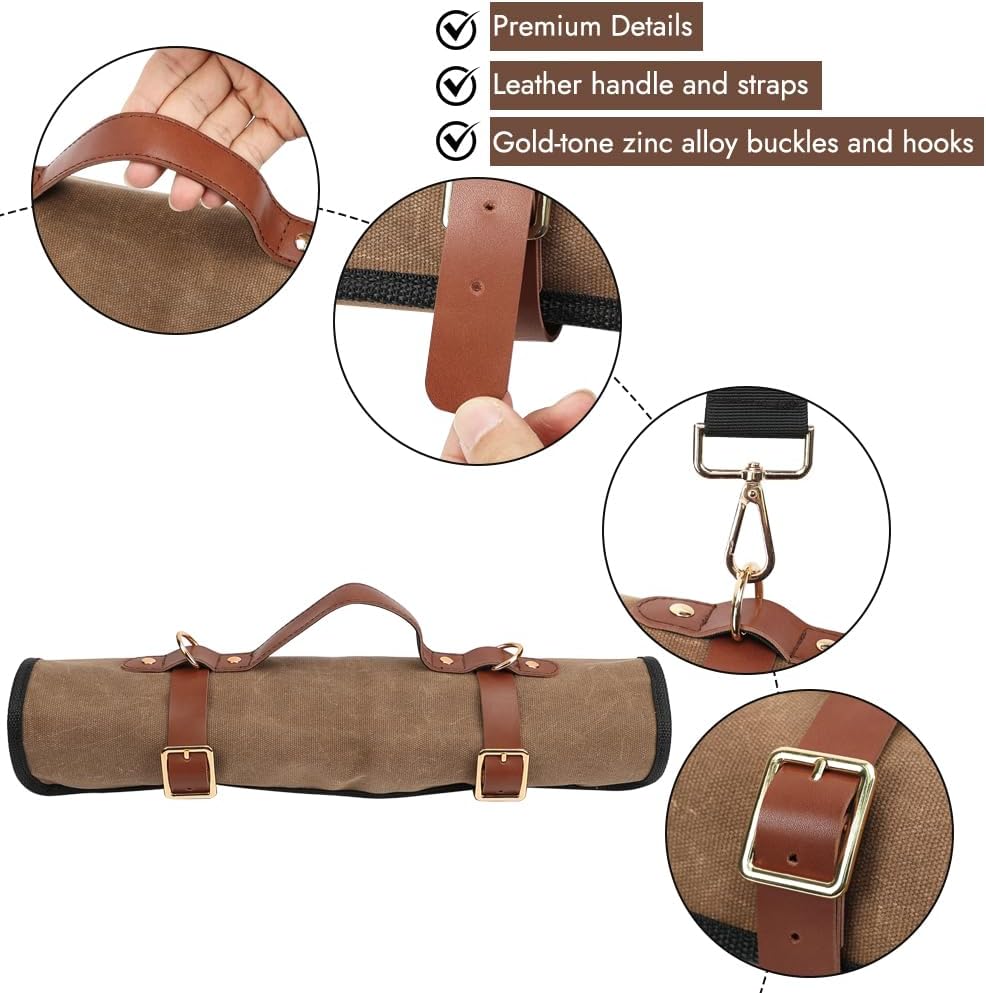 Professional Knife Roll Bag with PU Leather Zippers