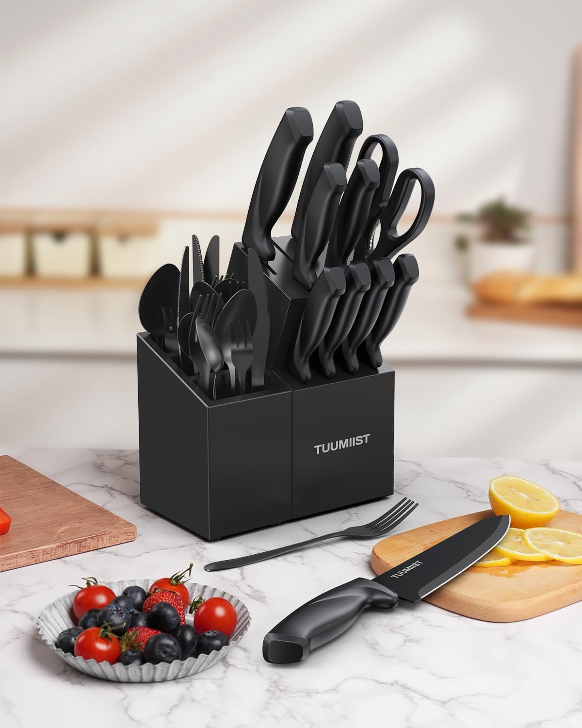 32-Piece Knife Set with Block Sharpener Silverware Holder Black