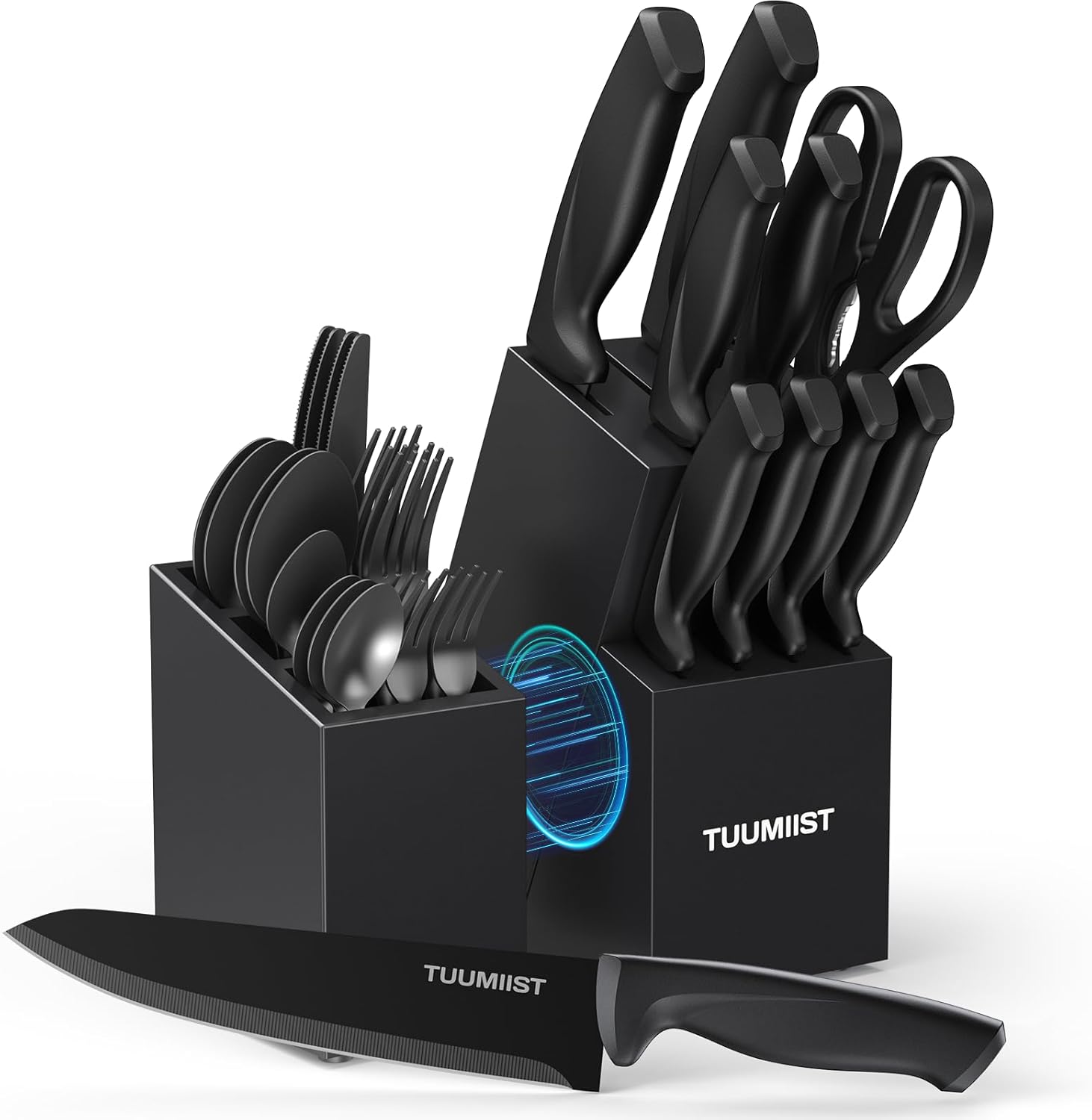 32-Piece Knife Set with Block Sharpener Silverware Holder Black