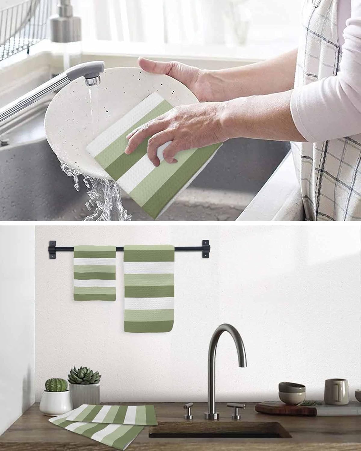 Sage Green Waffle Kitchen Hand Towels Set of 3