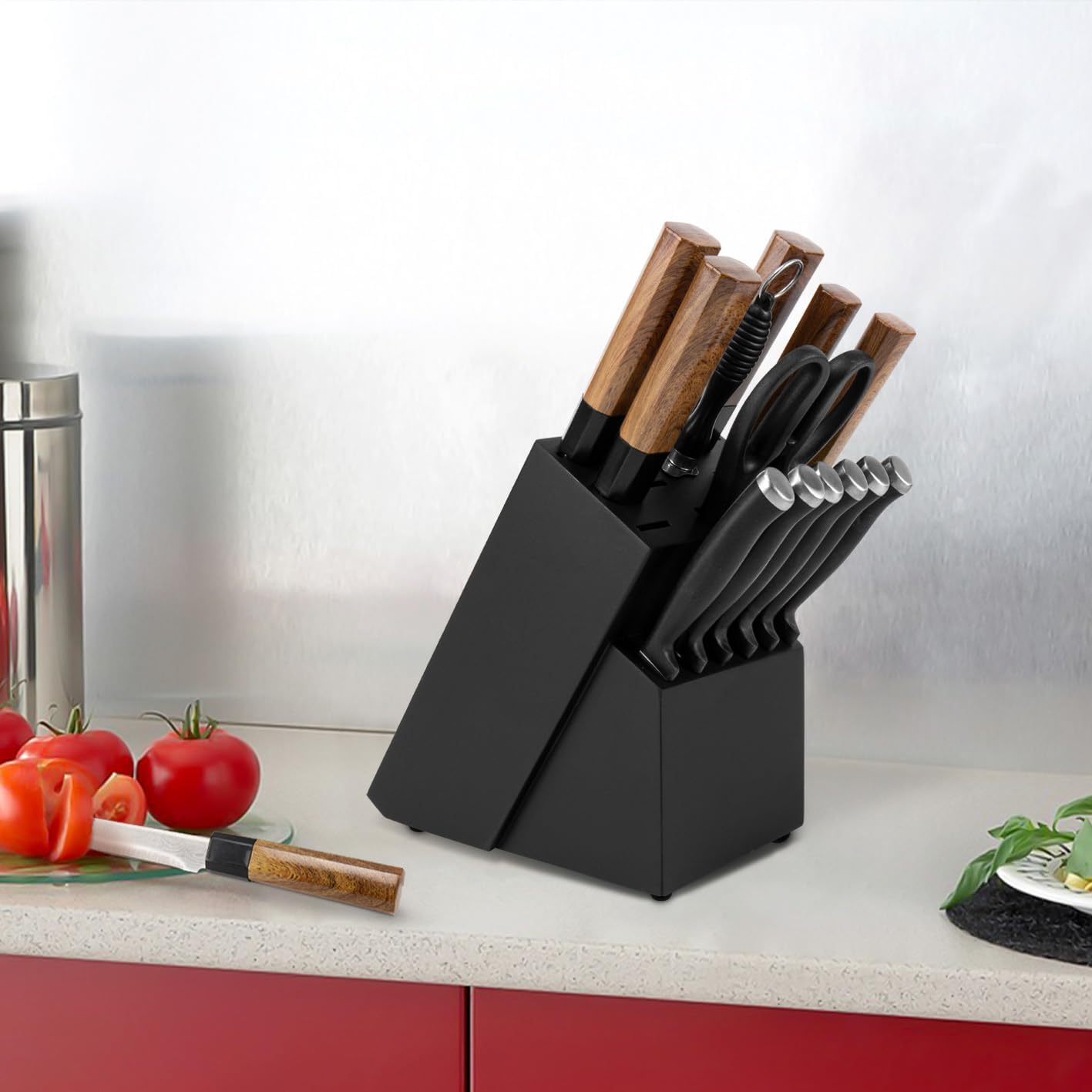 RedCall 14 Slot Knife Block Holder - Black Wood Bamboo Kitchen Organizer