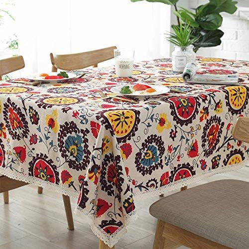 Aothpher Modern Boho Floral Jacquard Washable Tablecloth with Lace Edging