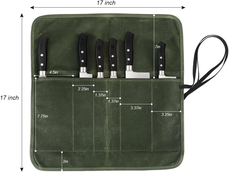 heavy duty chef knife roll bag with 6 slots green