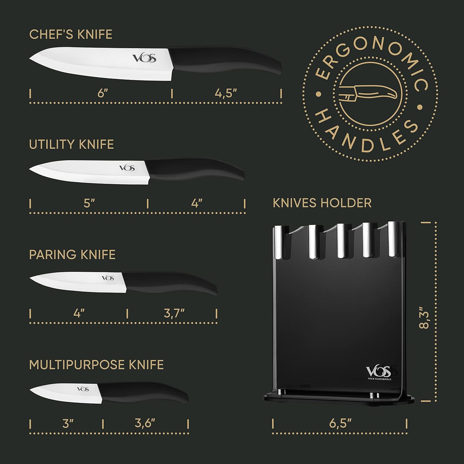 Vos Ceramic 4-Piece Knife Set - Premium Sharp Durable Elegant