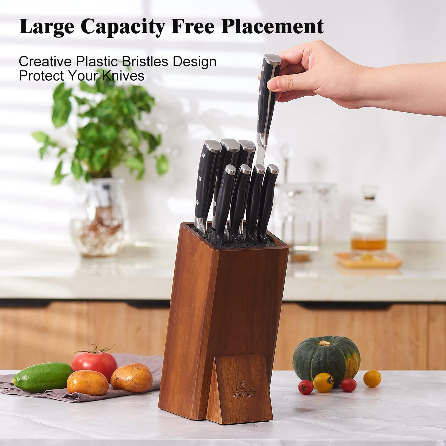 ENOKING Acacia Wood Knife Block with Removable Bristles