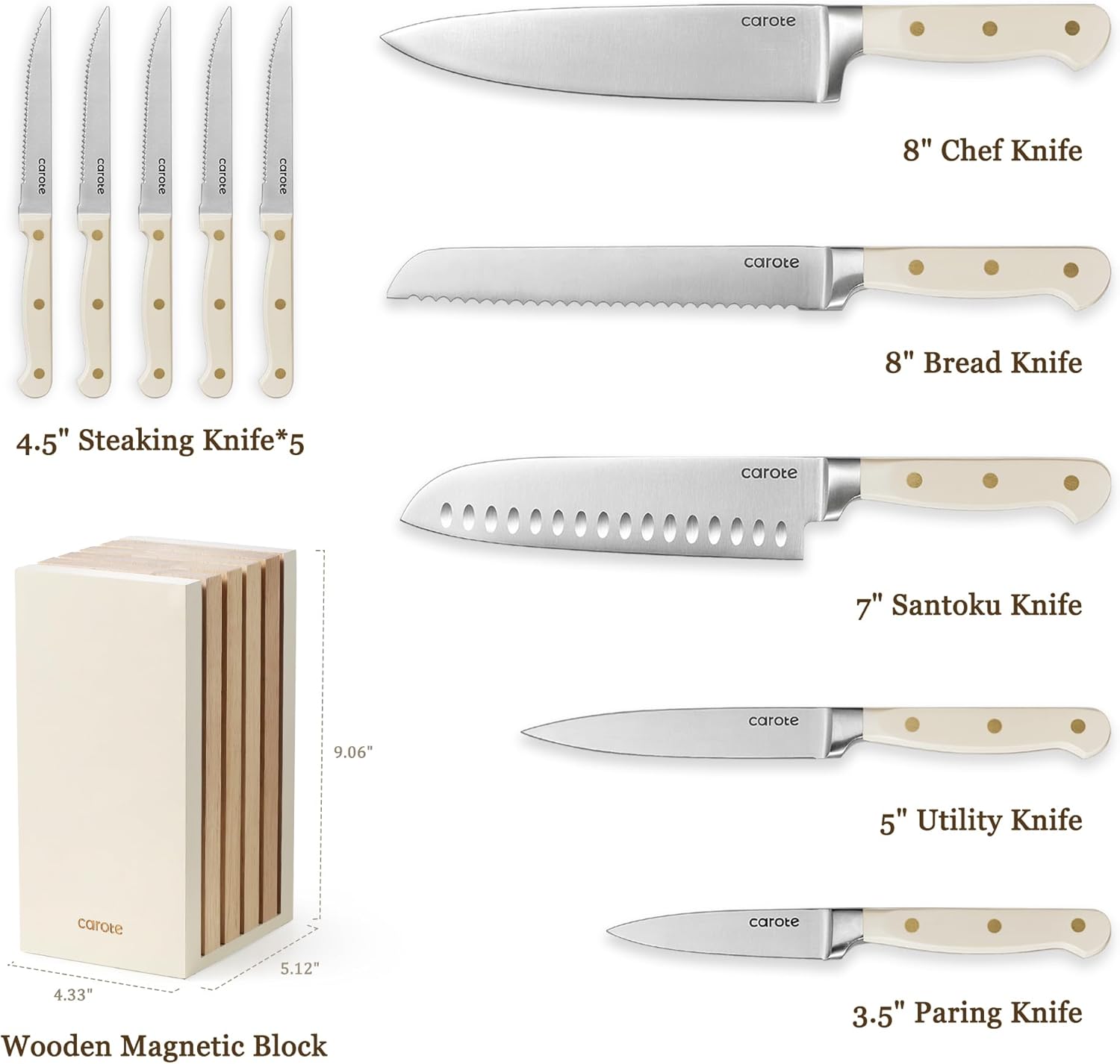 CAROTE 11PCS Knife Set with Block for Kitchen