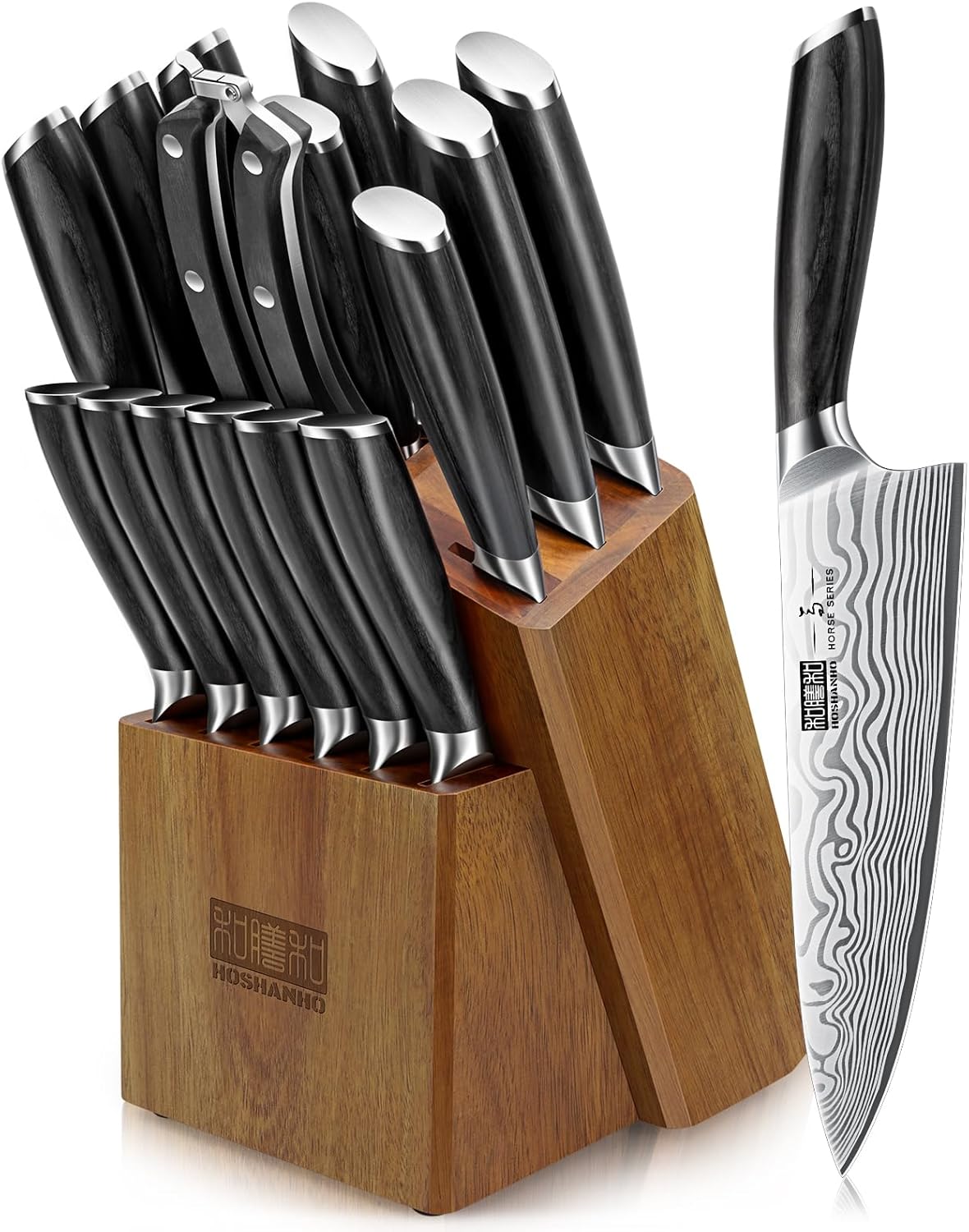 HOSHANHO 16-Piece Knife Set with Block and Sharpener