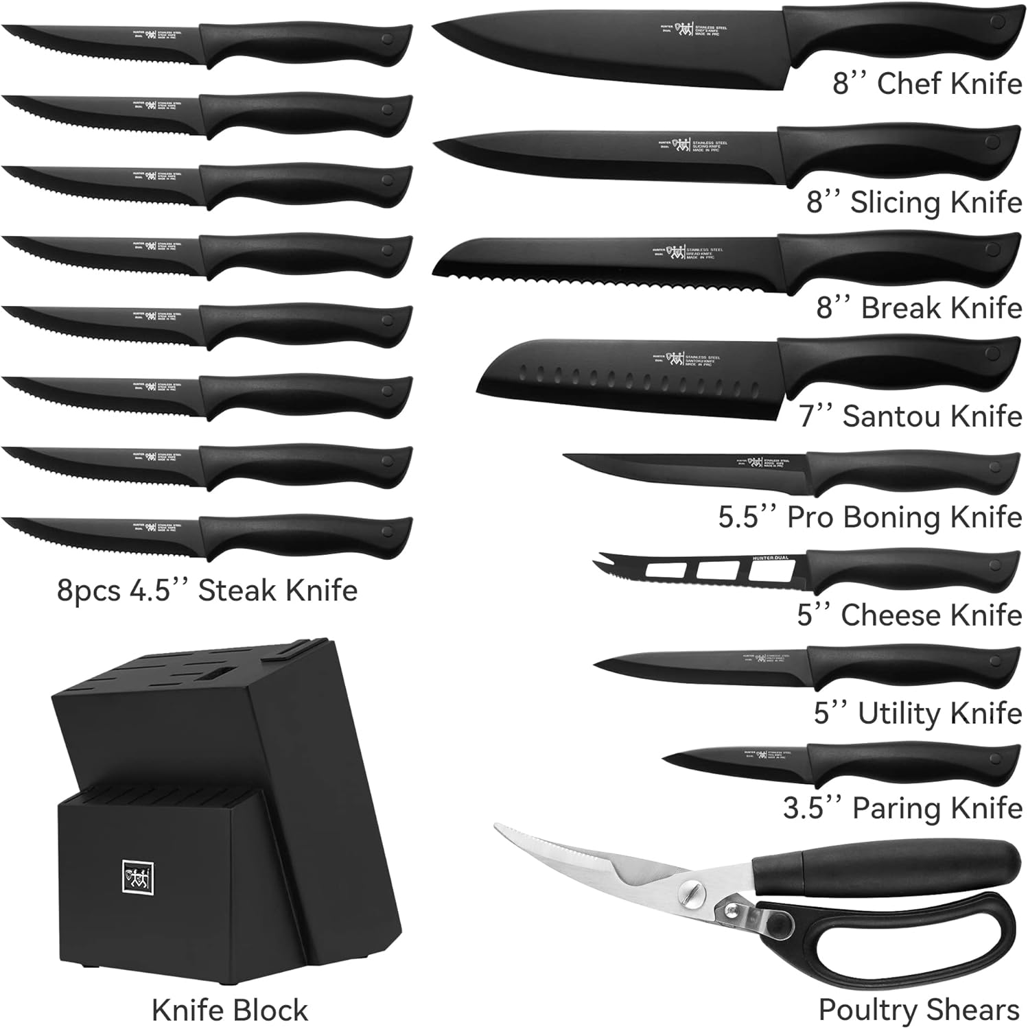 HUNTERDUAL 19 Pcs Kitchen Knife Set for Home Use